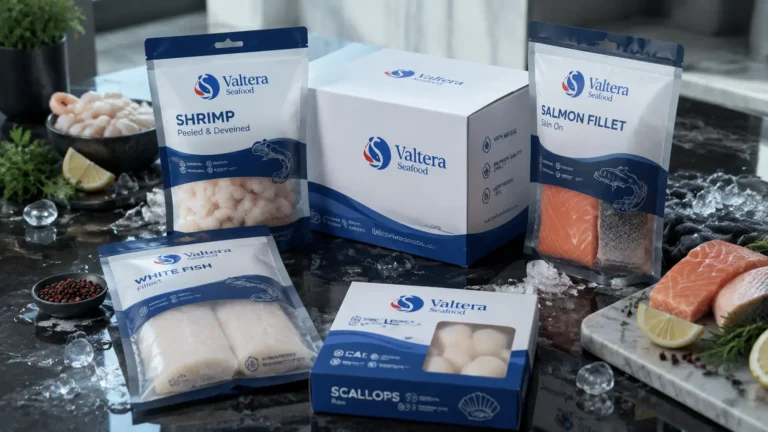 Premium Indonesian seafood export packaging featuring frozen shrimp, salmon fillet, white fish fillet, and scallops by Valtera Seafood.