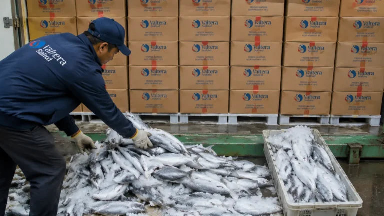 Worker handling frozen fish in an Indonesian seafood export warehouse with stacked seafood cartons.